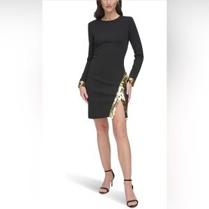 NWT Vince Camuto Black and Gold Sequin Trim Long Sleeve Crepe with Paillette